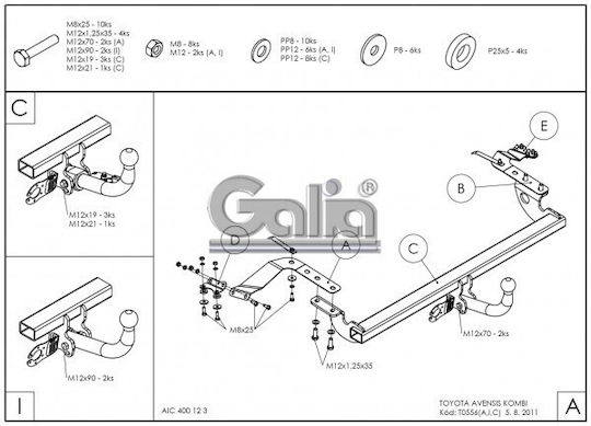 Galia Automatic Tow Hook Car Toyota Avensis Kombi 2003 - 2009 Automatic Maximum Towing Weight 1500kg