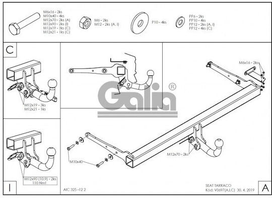Galia Tow Hook Car Seat Tarraco Crossover 2018 with Bolts Maximum Towing Weight 2500kg with Screws