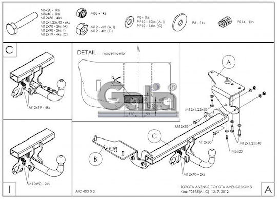 Galia Automatic Tow Hook Car Toyota Avensis Kombi 2009 Automatic Maximum Towing Weight 2000kg