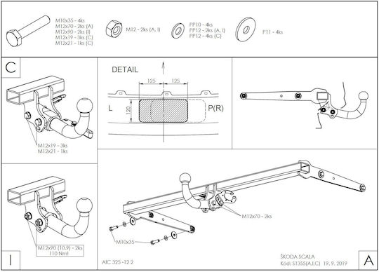 Galia Tow Hook Car Skoda Scala 2018 with Bolts Maximum Towing Weight 1500kg with Screws