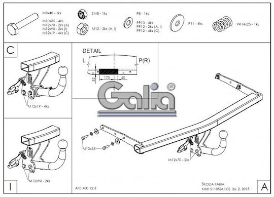 Galia Automatic Tow Hook Car Skoda Fabia 5 door 2014 - 2018 Automatic Maximum Towing Weight 1200kg