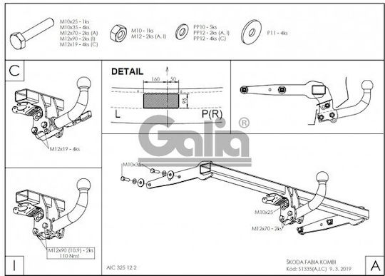 Galia Automatic Tow Hook Car Skoda Fabia 2018 Automatic Maximum Towing Weight 1200kg