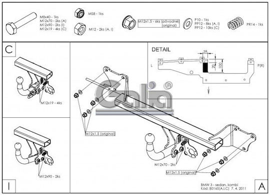 Galia Tow Hook Car BMW Series 3 4 doors 2005-2012 with Bolts Maximum Towing Weight 1900kg with Screws