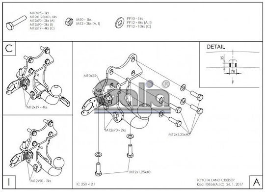 Galia Atașament de remorcare Car Toyota Croazieră pe uscat 2003-2009 cu șuruburi Tracțiune maximă 3000kg