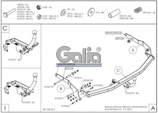 Galia Tow Hook Car Renault Espace 2002 - 2015 with Bolts Maximum Towing Weight 2000kg with Screws