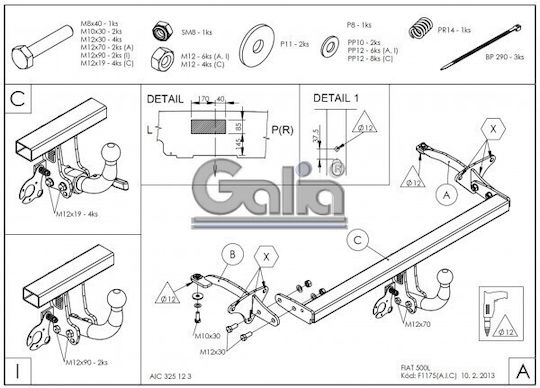 Galia Automatic Tow Hook Car Fiat 500L Hatchback 2012 - 2018 Automatic Maximum Towing Weight 1200kg