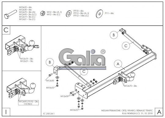 Galia Αυτόματος Κοτσαδόρος Αυτοκινήτου Nissan Primastar Van 2001 - 2014 Αυτόματος Μέγιστης Έλξης 2100kg