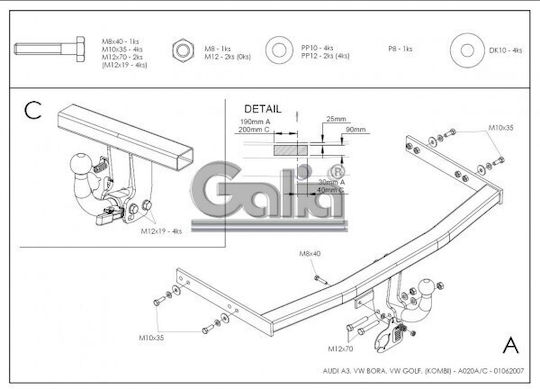 Galia Tow Hook Car Volkswagen Bora 4 door 2wd 1998 - 2005 with bolts Maximum Towing Weight 1600kg with Screws