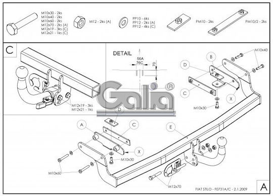 Galia Tow Hook Car Fiat Stilo 2001-2010 with Bolts Maximum Towing Weight 1300kg with Screws