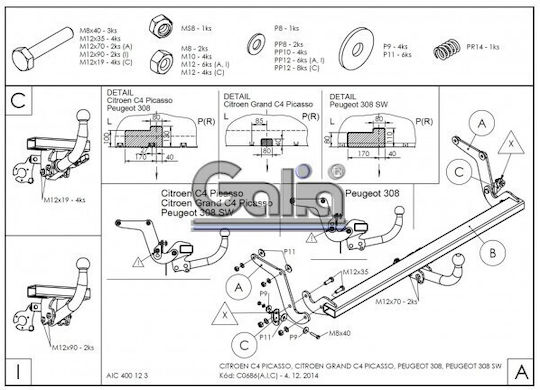 Galia Atașament de remorcare Car Citroen Grand C4 Picasso 2013 cu Bolțuri Tracțiune maximă 1800kg