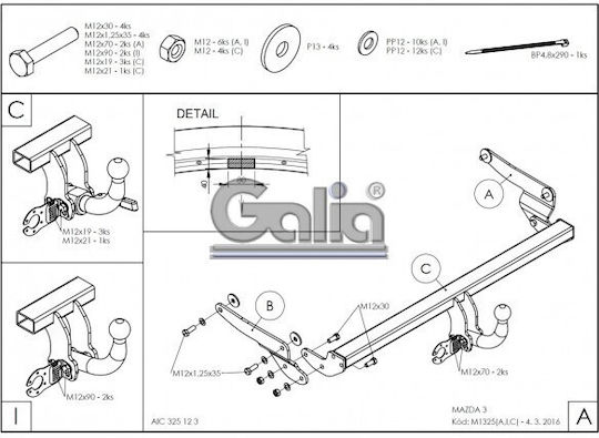 Galia Automatic Tow Hook Car Mazda 3 5 door 2013 Automatic Maximum Towing Weight 1800kg