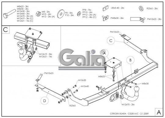 Galia Automatic Tow Hook Car Citroen Xsara Hatchback 1997 - 2004 Automatic Maximum Towing Weight 1100kg