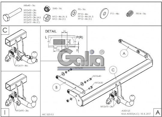 Galia Tow Hook Car Audi Q5 2017 with Bolts Maximum Towing Weight 2450kg with Screws