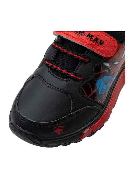 Spiderman Παιδικά Sneakers Ανατομικά με Σκρατς & Φωτάκια Μαύρα