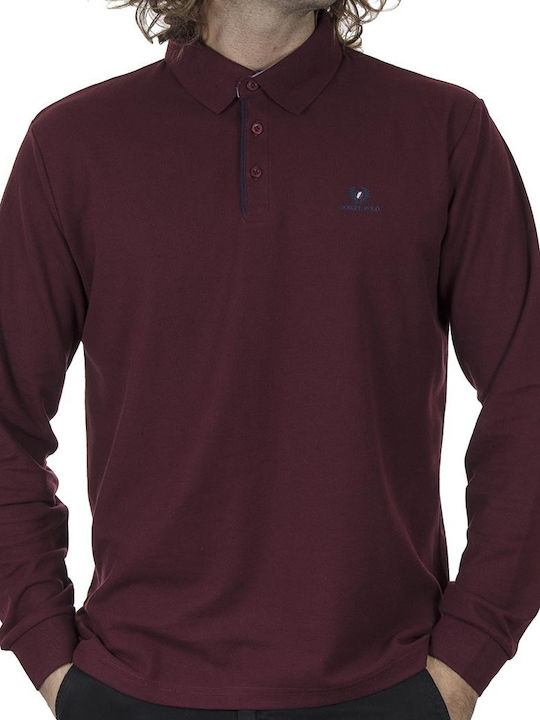 Double Men's Long Sleeve Blouse Polo Wine Red