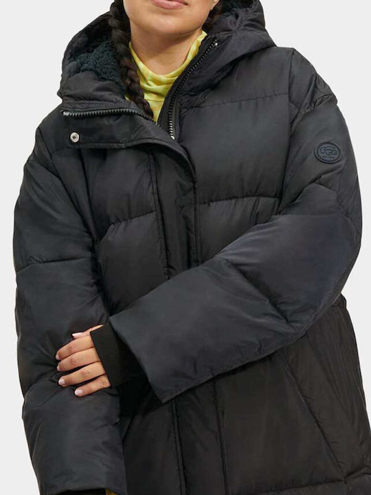 Keeley Women's Long Puffer Jacket Waterproof for Winter with Hood Black