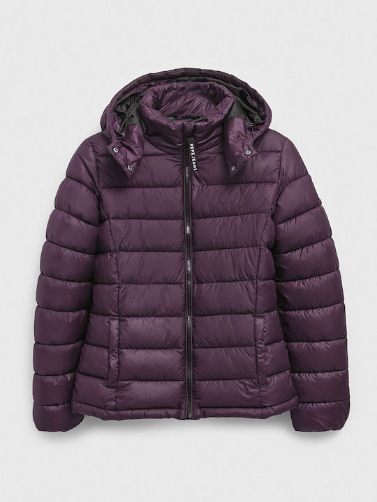 Alexa Women's Short Puffer Jacket Waterproof for Winter with Detachable Hood Purple