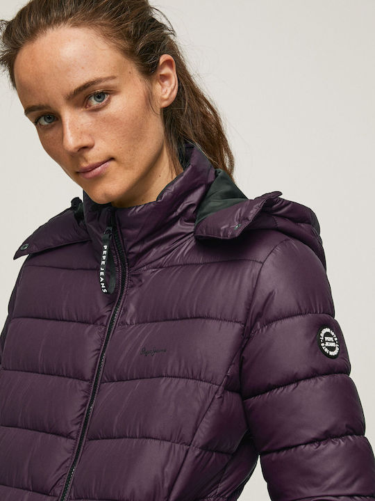 Alexa Women's Short Puffer Jacket Waterproof for Winter with Detachable Hood Purple