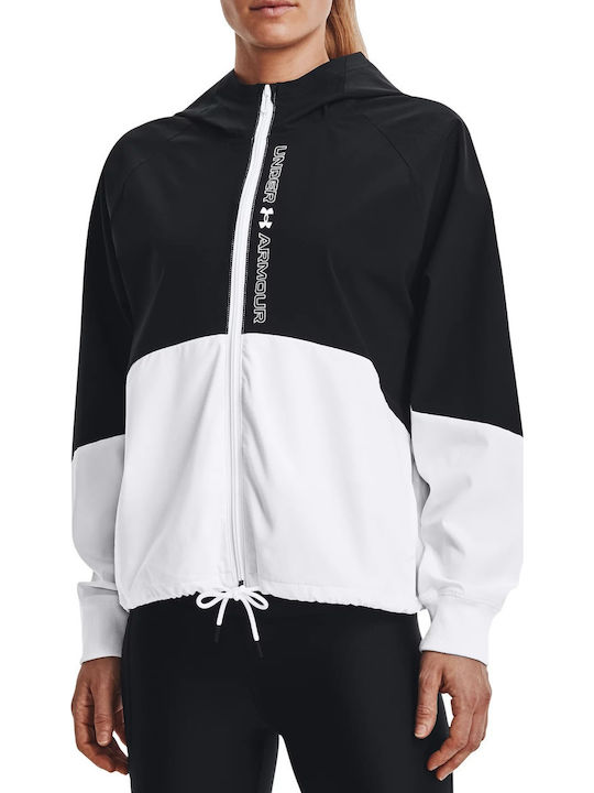 Women's Short Sports Jacket Windproof for Spring or Autumn with Hood Black/white
