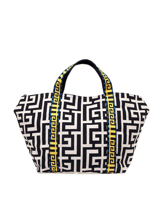 Ariadne Δερμάτινη Γυναικεία Τσάντα Tote Χειρός Beige/Black Chenille