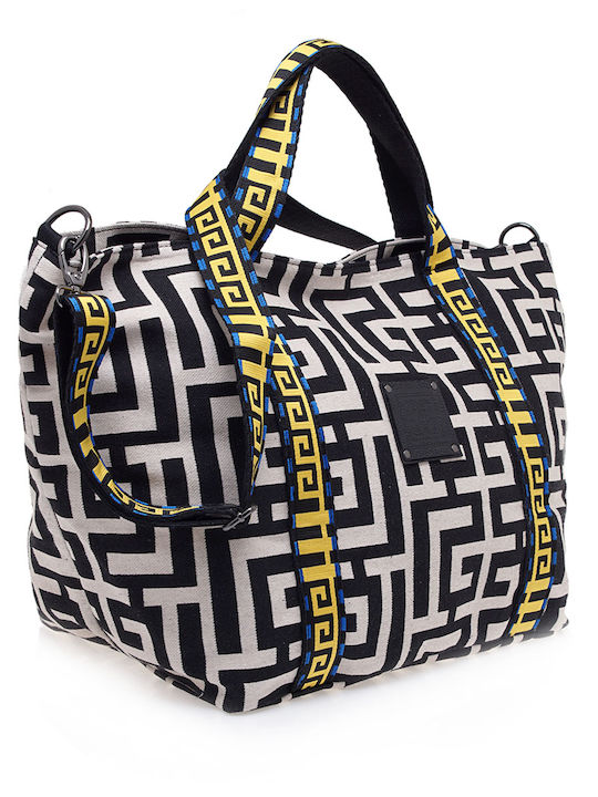 Ariadne Δερμάτινη Γυναικεία Τσάντα Tote Χειρός Beige/Black Chenille