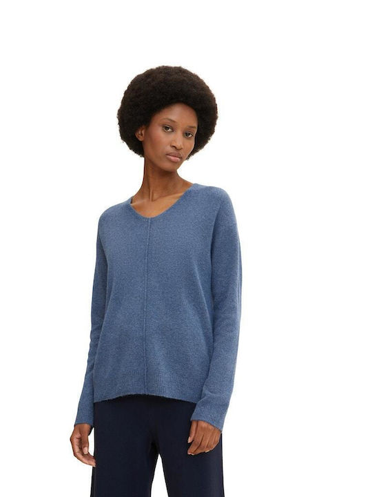 Tom Tailor Women's Long Sleeve Sweater with V Neckline Stormy Sea Blue Mel