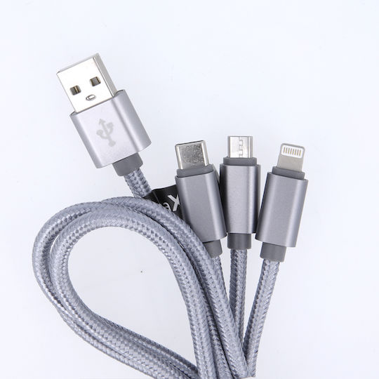Maxlife Regular Cablu USB la Lightning / Type-C / micro USB cu mai multe porturi 2.1A Gri 1m (MAXLIFE3IN1)