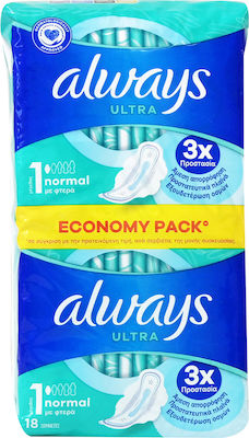 Always Ultra Normal Sanitary Pads with Wings for Normal Flow 4 Drops Size 1 18pcs