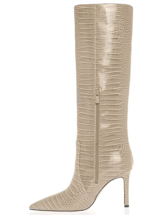 Leder Damenstiefel mit mittlerem Absatz Beige Croco