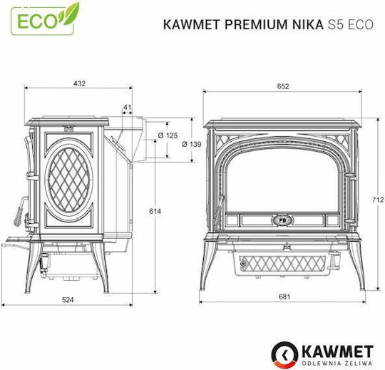 Kawmet Premium Nika S5 Eco Fontă Soba pe lemne 11.3kW Negru