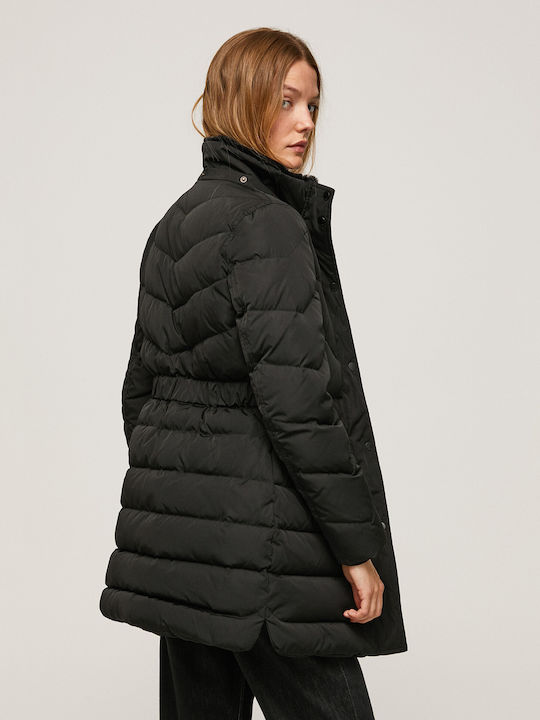 Pepe Jeans E1 Ammy Lang Damen Puffer Jacke mit pelziger Kapuze für Winter Schwarz