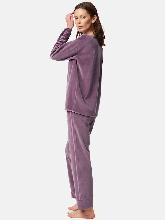 Minerva Winter Damen Pyjama-Set Baumwolle Lila