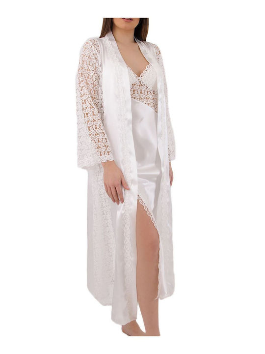 FMS Damen Hochzeitskleid Set Robe-Nachthemd - Satin 945 Weiß