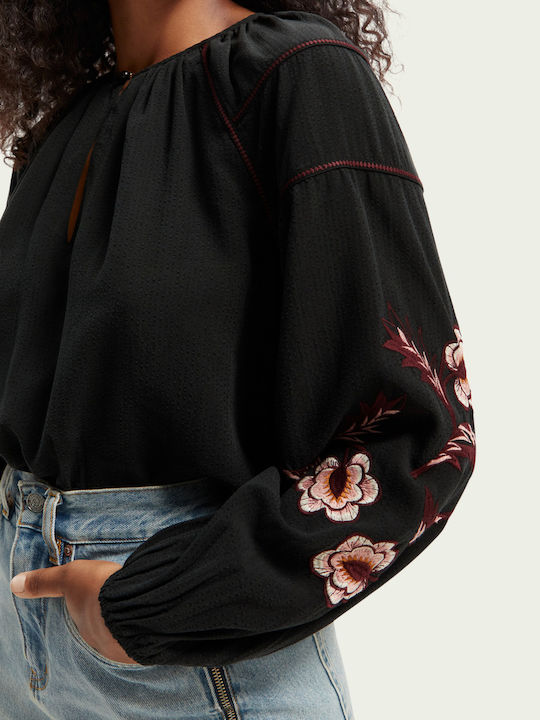 Women's Blouse Long Sleeve with V Neckline Black