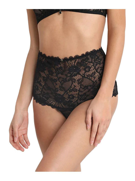 High-waisted Women's Slip with Lace Black