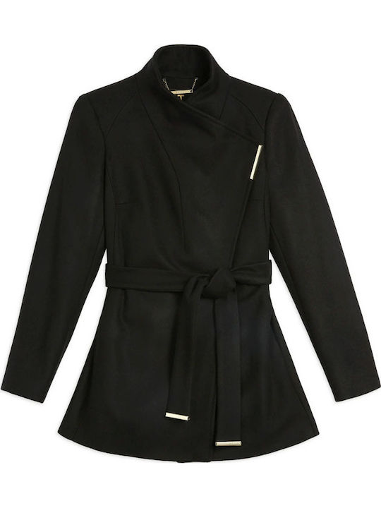 Wool Women's Black Peacoat with Belt