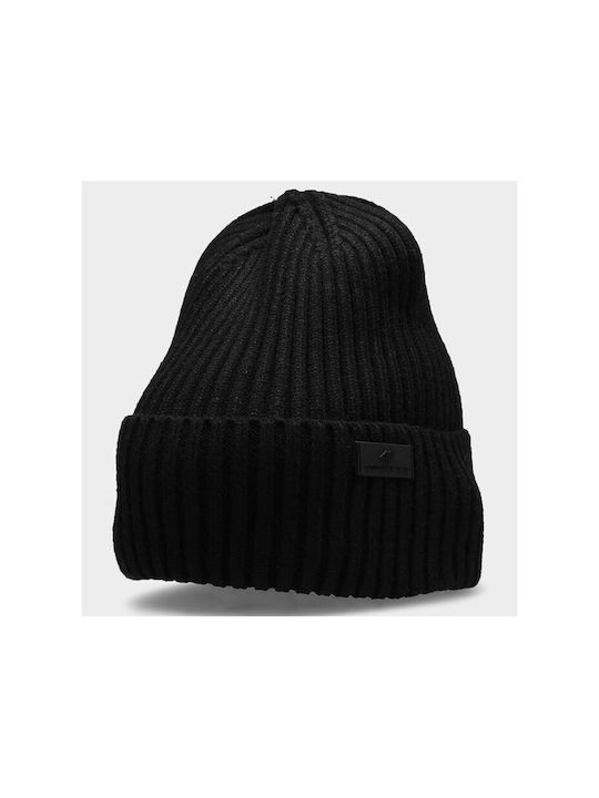 4F Beanie Unisex Σκούφος με Rib Πλέξη σε Μαύρο χρώμα