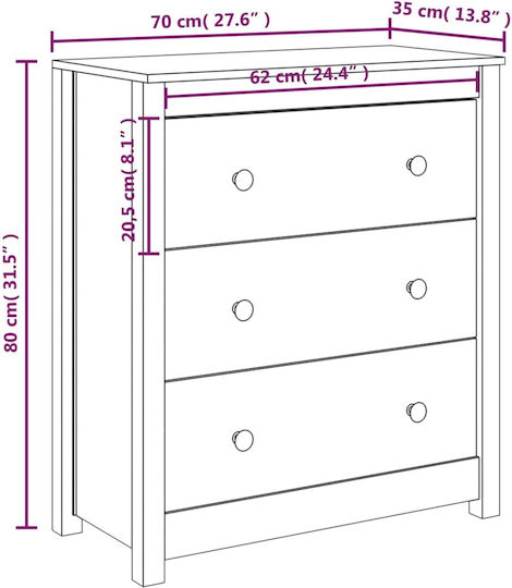 Chest of Drawers of Solid Wood with 3 Drawers 70x35x80cm