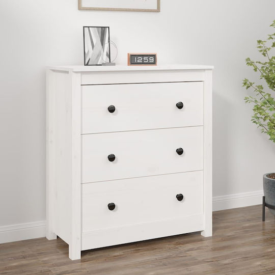 Chest of Drawers of Solid Wood with 3 Drawers White 70x35x80cm