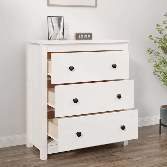 Chest of Drawers of Solid Wood with 3 Drawers White 70x35x80cm