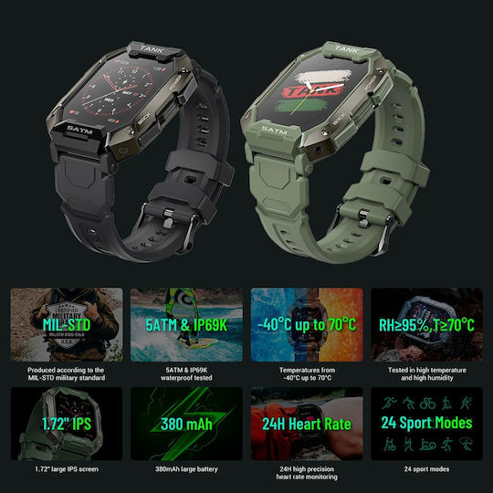 Kospet Tank M1 Waterproof Smartwatch with Heart Rate Monitor (Green)