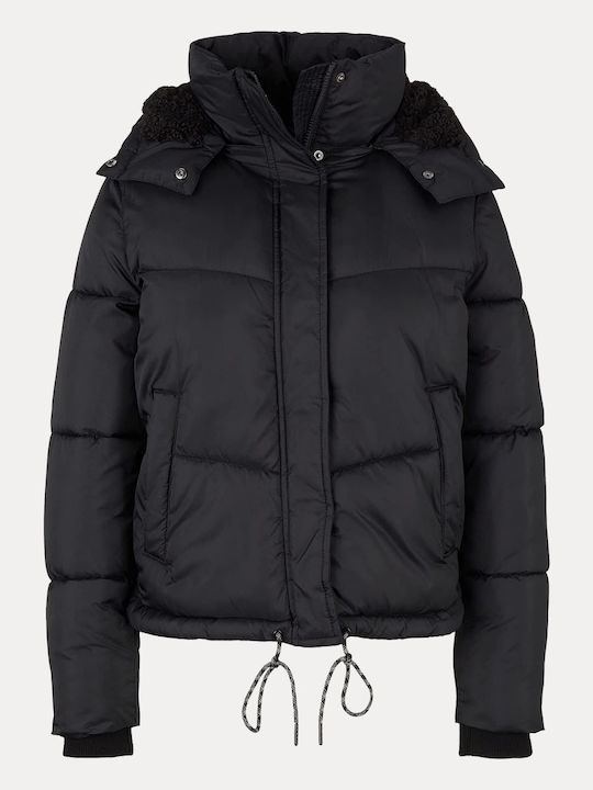 Arctic Women's Short Puffer Jacket for Winter with Detachable Hood Black