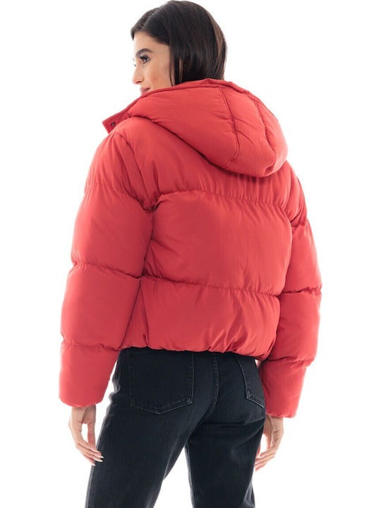 Women's Short Puffer Jacket for Winter with Hood Red