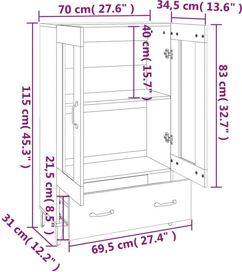 Living Room Display Cabinet Made of Particle Board with Windowed Brown 70x31x115cm