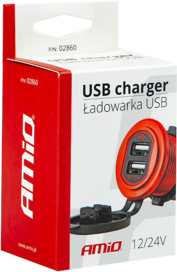AMiO Πρίζα με 2 Θύρες Usb και Καπάκι Κόκκινη/Μαύρη 12/24V 5V 3.1A