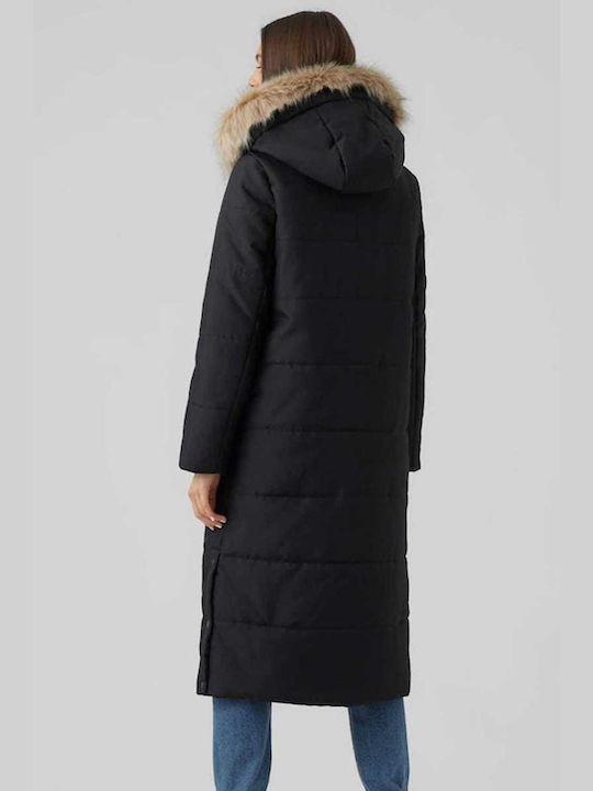 Vero Moda Lung Jachetă de femei Puffer cu glugă de blană pentru iarnă Negru
