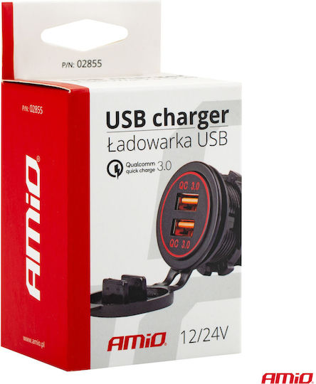 AMiO Πρίζα με 2 Θύρες USB 12/24V 3.0A Φ37x51mm