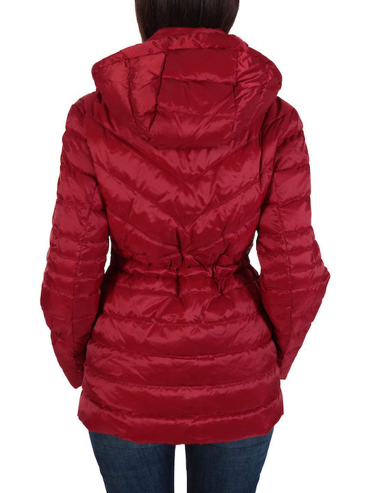 Women's Short Puffer Jacket for Winter with Detachable Hood Red
