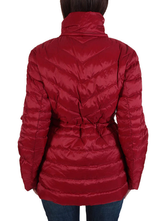 Women's Short Puffer Jacket for Winter with Detachable Hood Red
