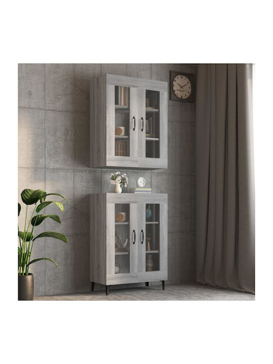 Floor Particle Board Living Room Display Cabinet with Glass Gray 69.5x34x90cm